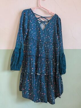 art class Teal Floral Long Sleeve Tiered Dress with Pink Accents